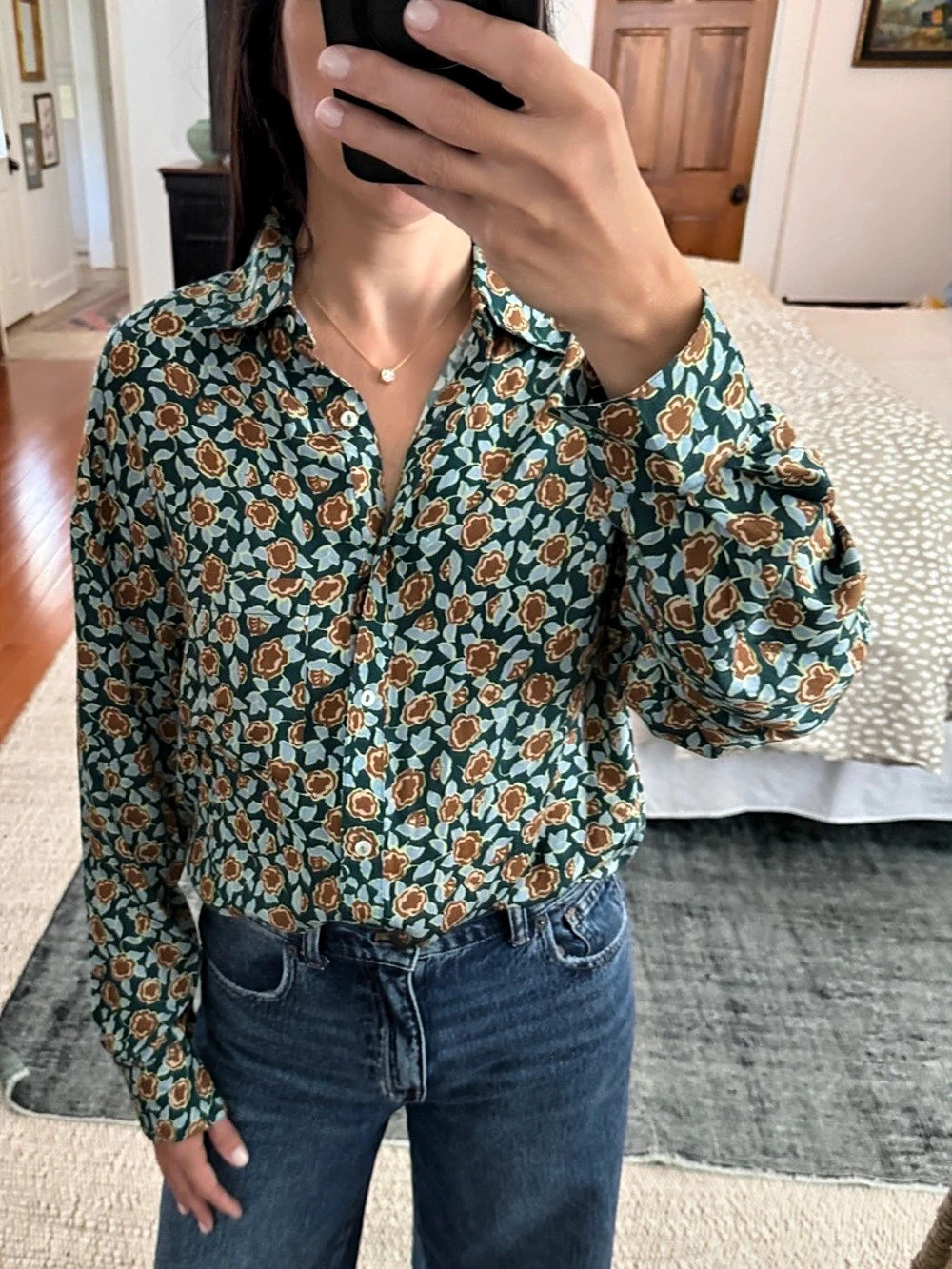 OMIKA Floral Button Down Shirt in Green & Brown XS Like New